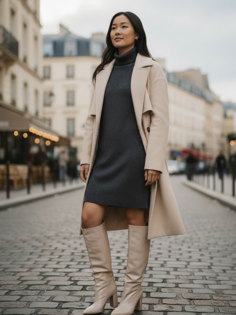 Women's Knee-High Pointed Toe Block Heel Boots - Cream